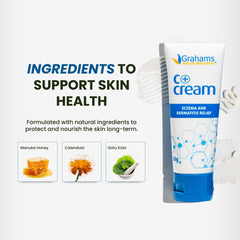 Grahams Natural C-plus Eczema Cream user applying on hand demonstrates targeted relief for dry skin.
