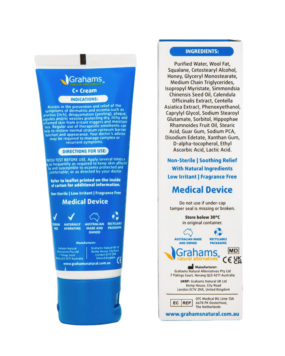 Grahams Natural C-plus Eczema Cream tub with calendula and manuka honey ingredients close-up.