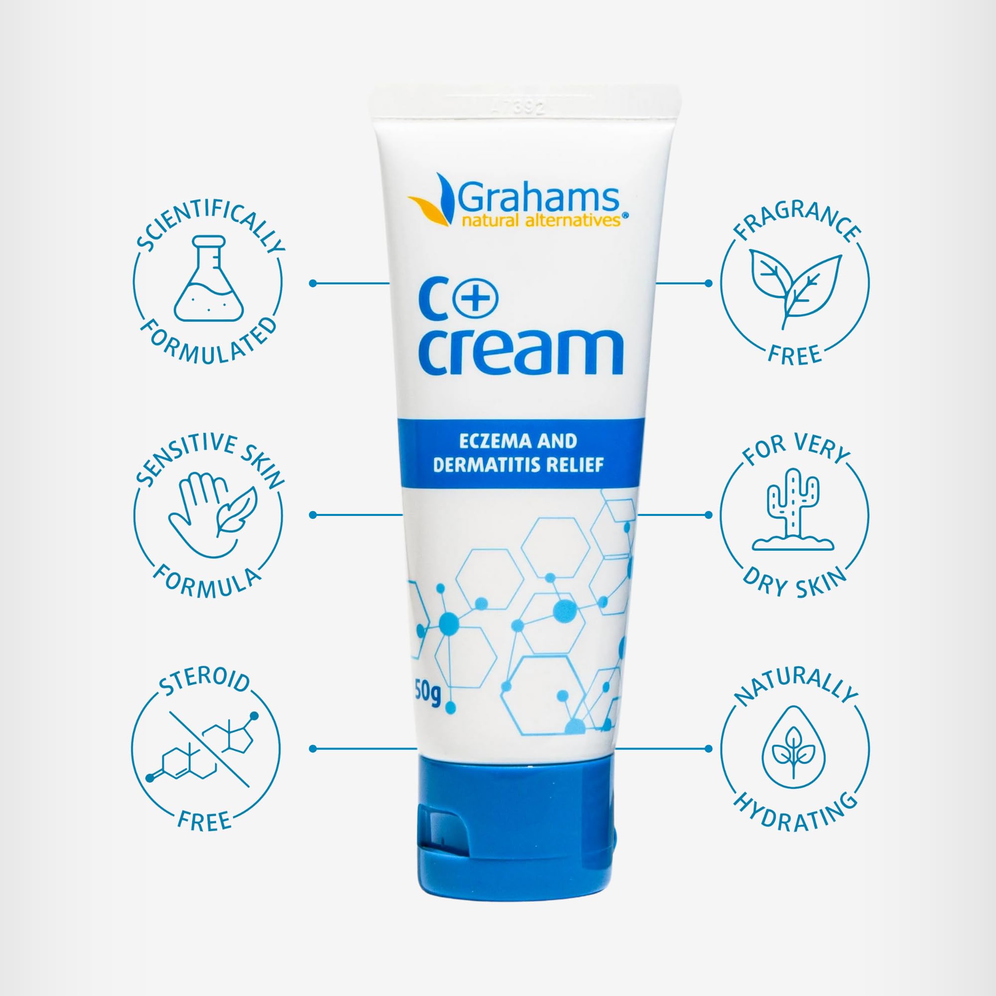Grahams Natural C-plus Eczema Cream packaging shows travel-friendly 1.76oz size.