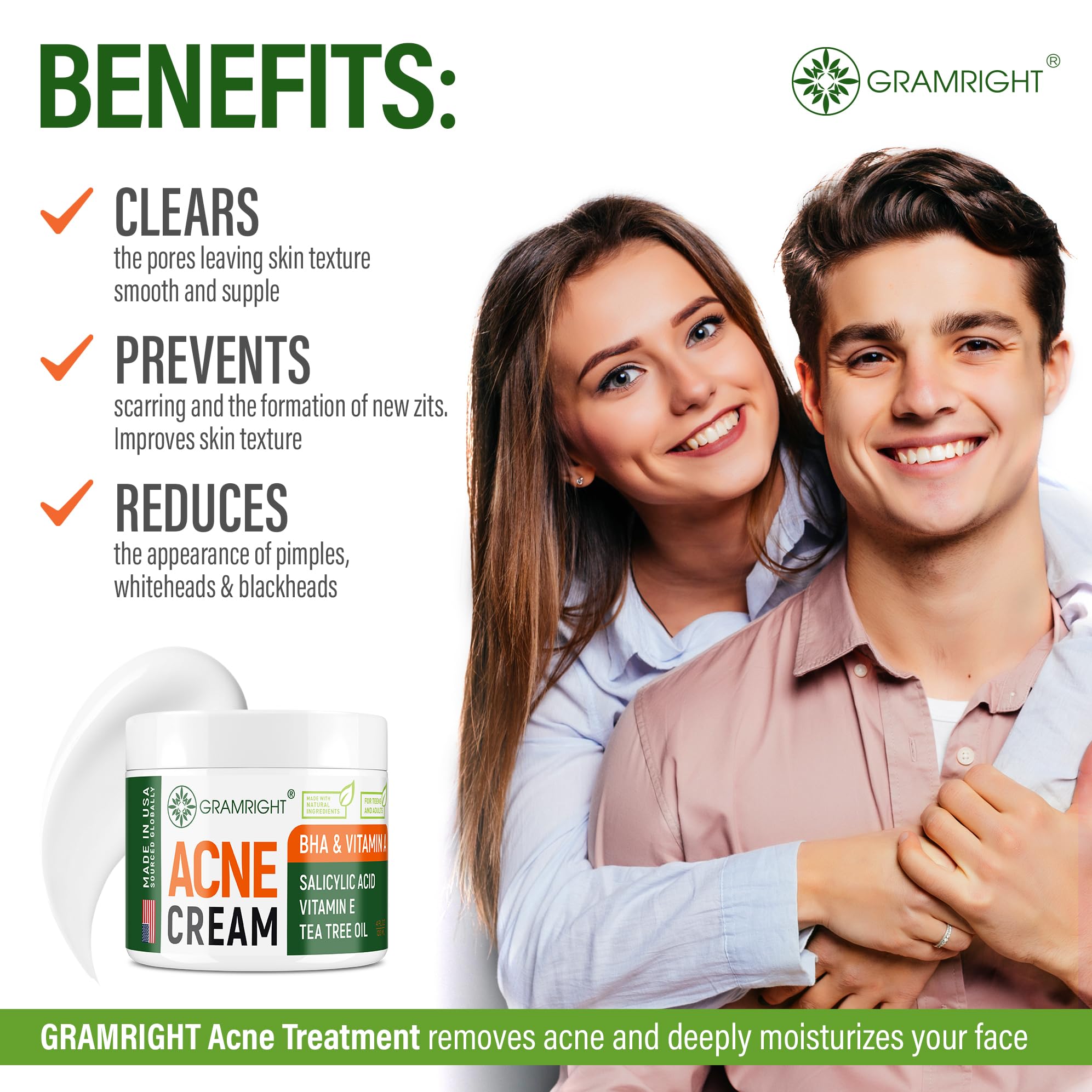 GRAMRIGHT Acne Scar Reduction skin texture closeup illustrates smoother-looking results.