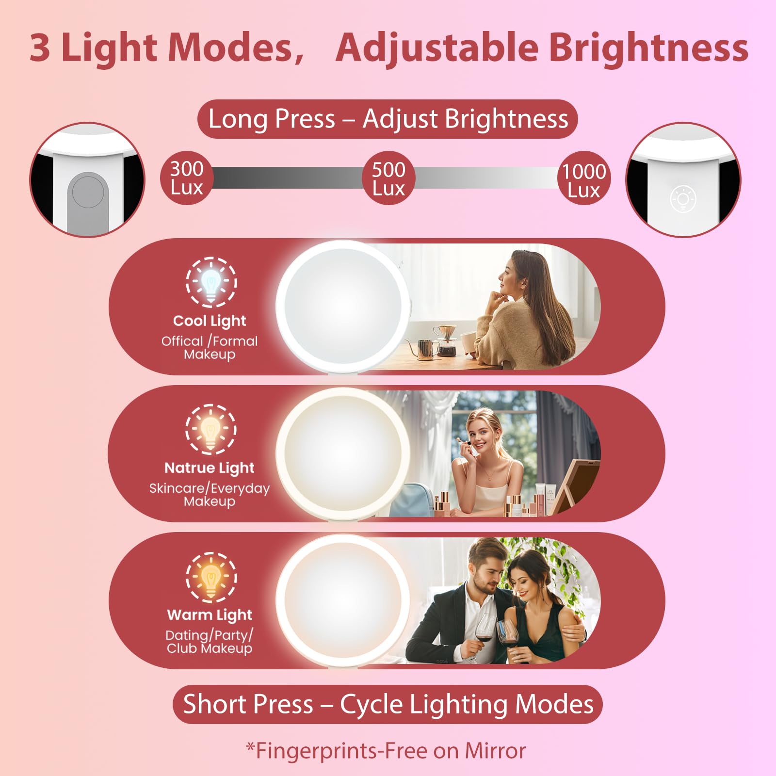 Granarbol makeup mirror brightness control lets you tailor lighting from soft to bright