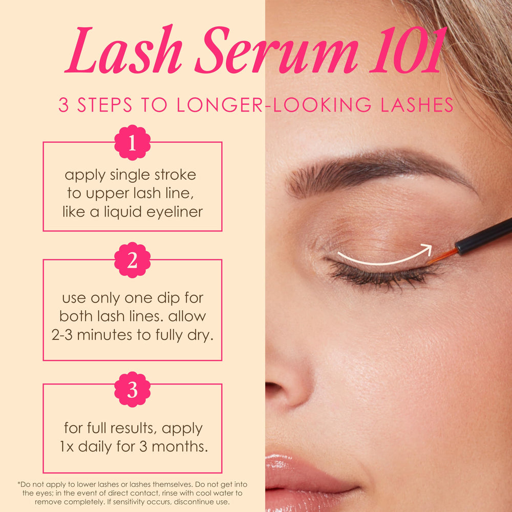 Grande Cosmetics serum applied at lash base on eye, illustrating safe nightly use