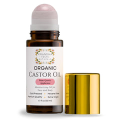 Grandma Flo's Naturals organic castor oil rose quartz roll-on bottle for facial hydration.