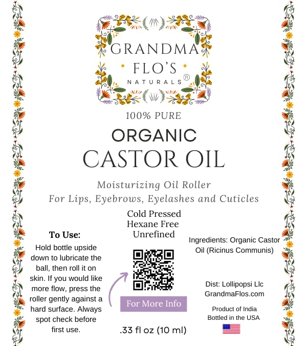 Grandma Flo's Naturals castor oil roll-on amber-glass bottle protects contents from light.