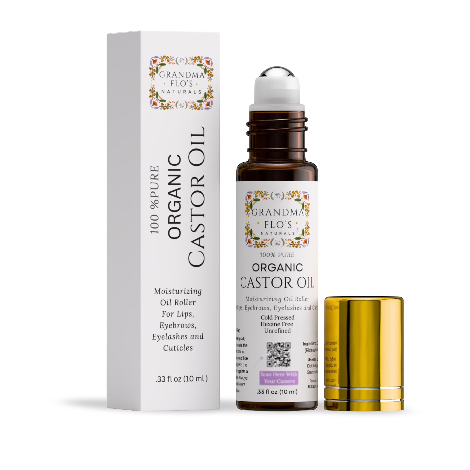 Grandma Flo's Naturals castor oil roll-on purse-friendly packaging ideal for travel.