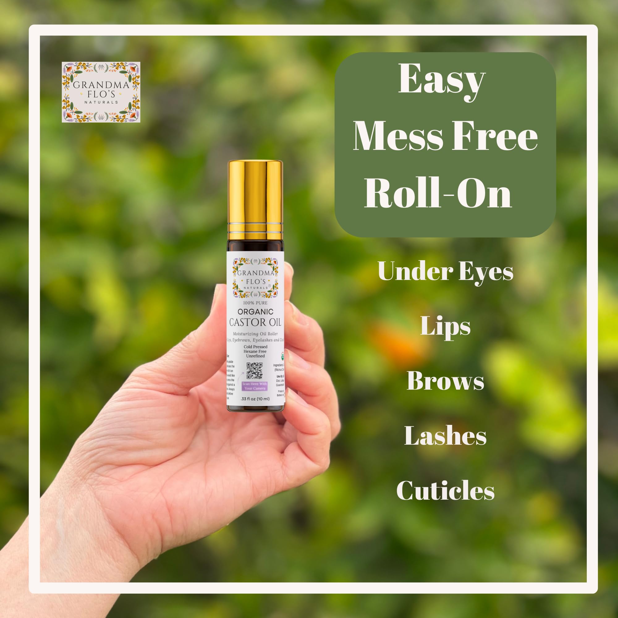 Grandma Flo's Naturals castor oil roll-on travel-size fits in purses for on-the-go care.