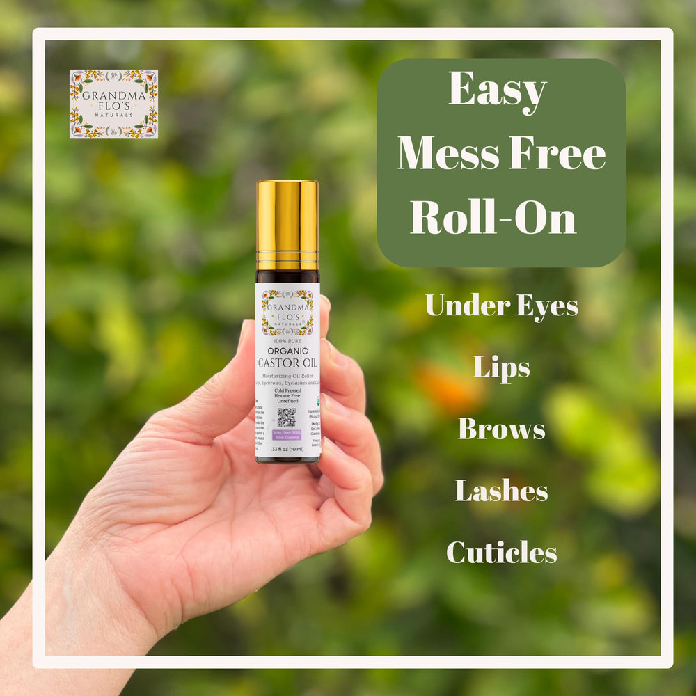 Grandma Flo's Naturals castor oil roll-on travel-size fits in purses for on-the-go care.