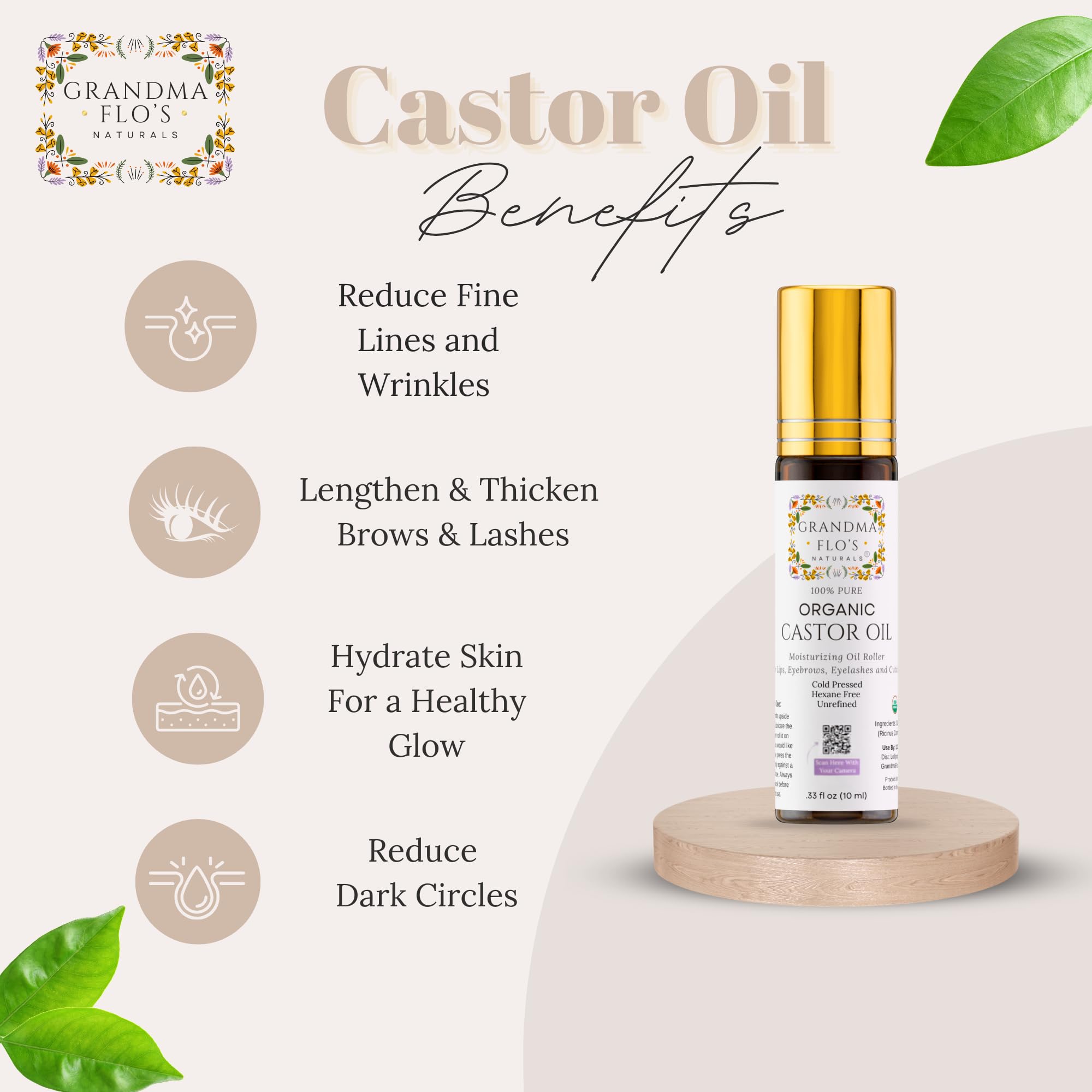 Grandma Flo's Naturals castor oil roll-on under-eyes softens delicate under-eye area.