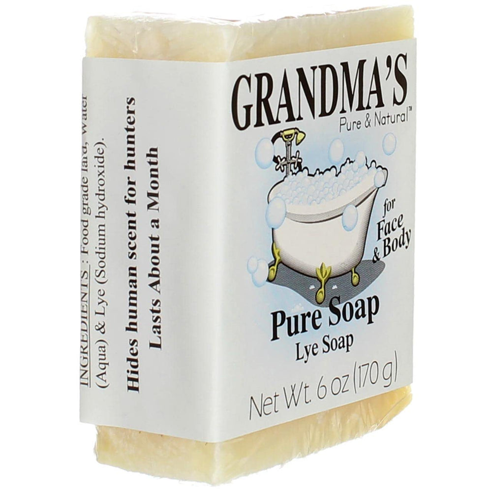 Grandma's Pure Lye Soap Bar body wash usage emphasizes unscented care for dry skin.