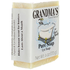 Grandma's Pure Lye Soap Bar body wash usage emphasizes unscented care for dry skin.