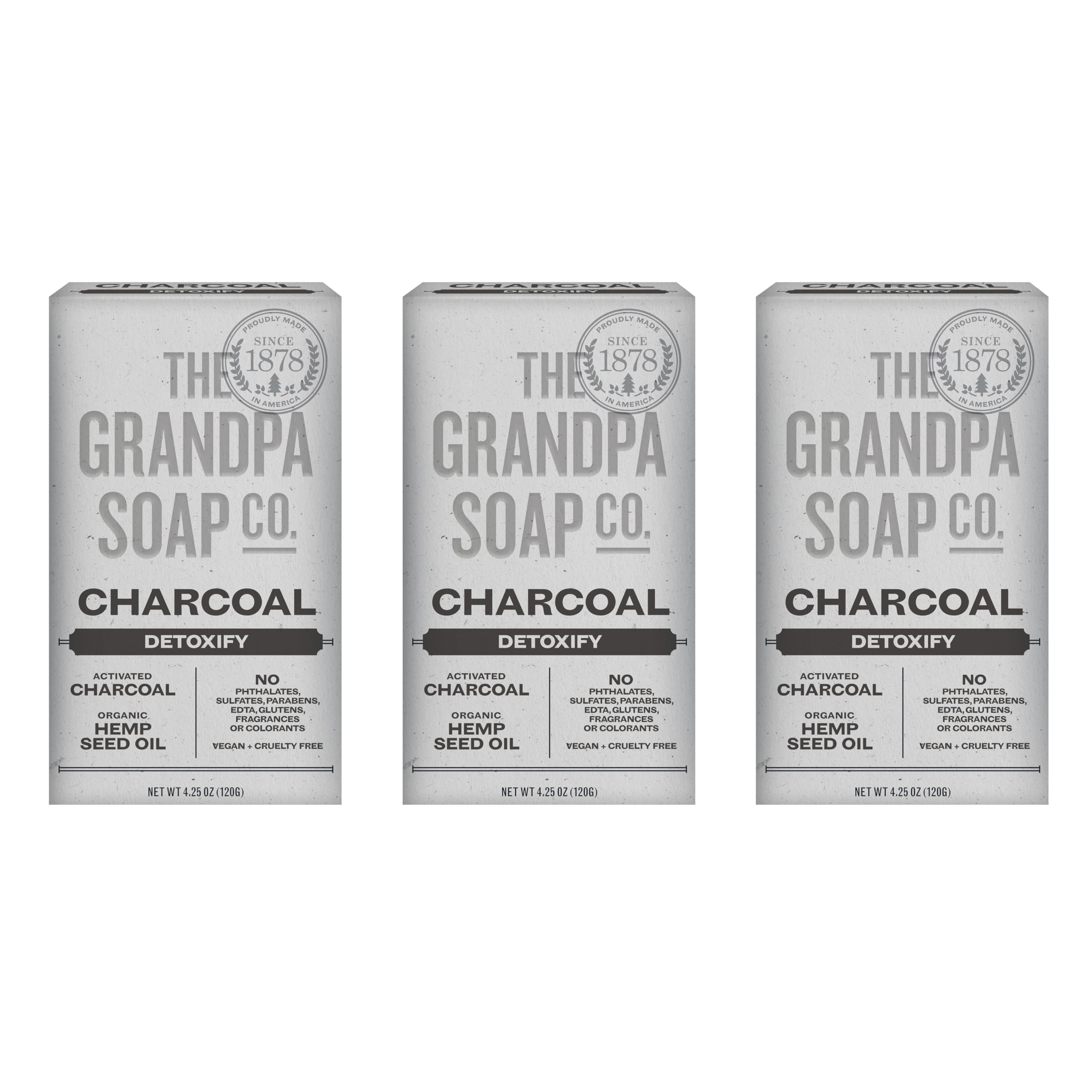 The Grandpa Soap Company charcoal bar box front highlights vegan detox cleanse for daily skin care