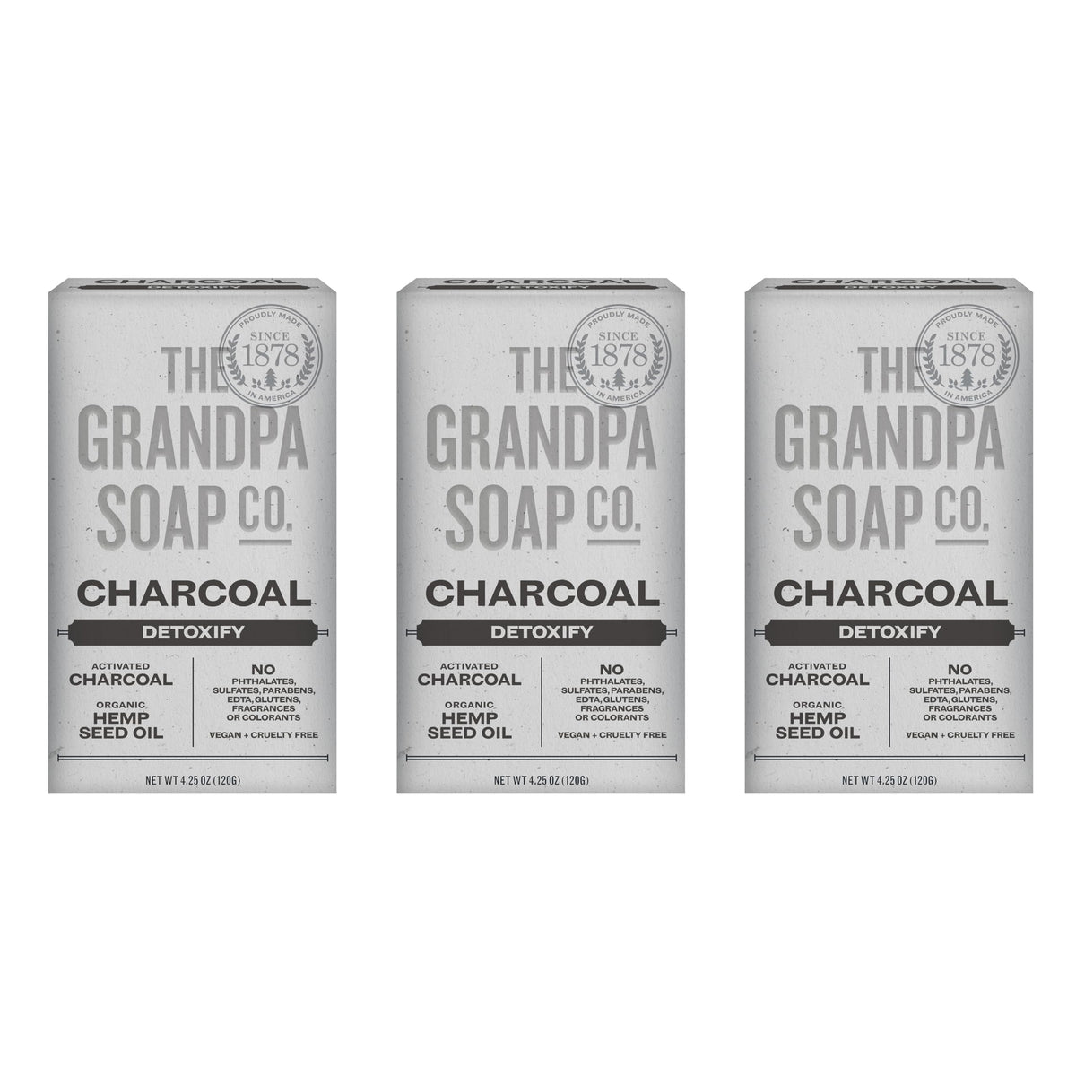 The Grandpa Soap Company charcoal bar box front highlights vegan detox cleanse for daily skin care