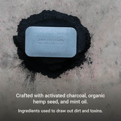 The Grandpa Soap Company charcoal bar ingredients hemp oil highlights nourishing moisturization for balanced skin