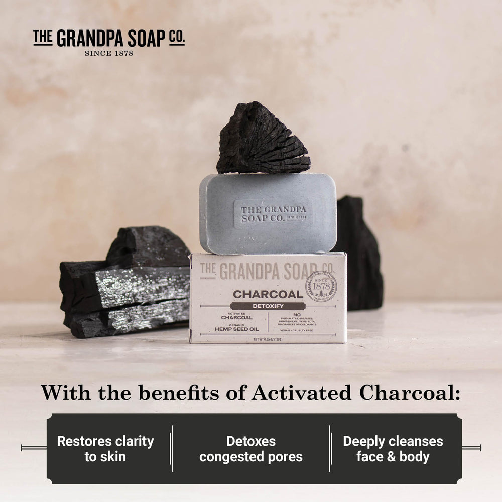 The Grandpa Soap Company charcoal bar ingredients mint oil signals refreshing sensation and cooling benefits