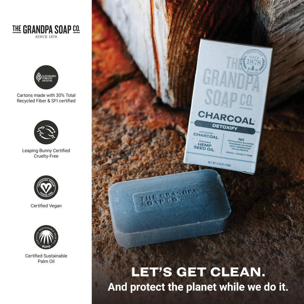 The Grandpa Soap Company charcoal bar pore-detox image reinforces deep cleansing and clear-looking pores