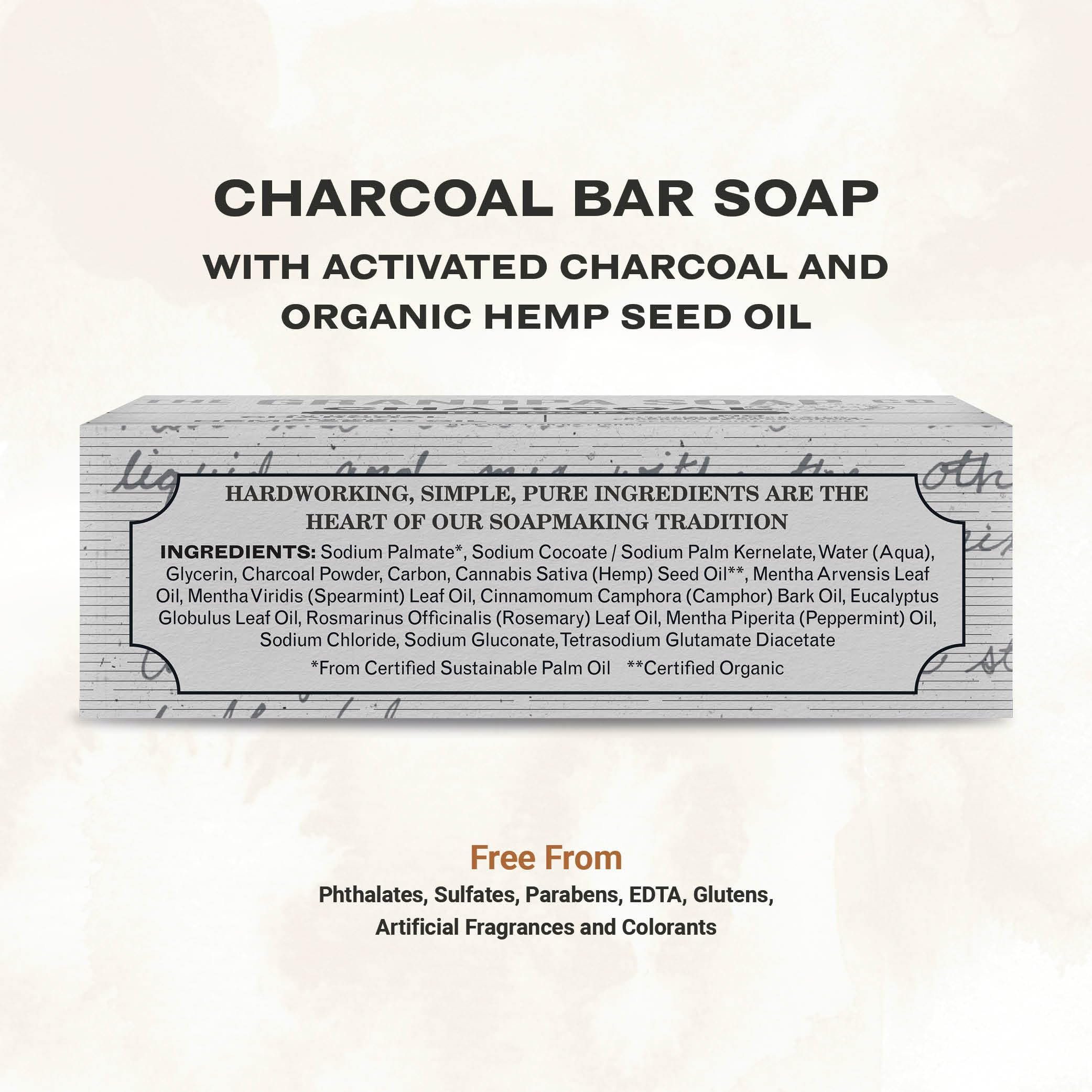 The Grandpa Soap Company charcoal bar slice closeup emphasizes deep cleansing and pore detox potential