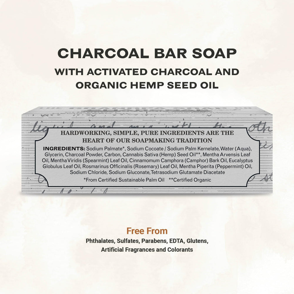 The Grandpa Soap Company charcoal bar slice closeup emphasizes deep cleansing and pore detox potential