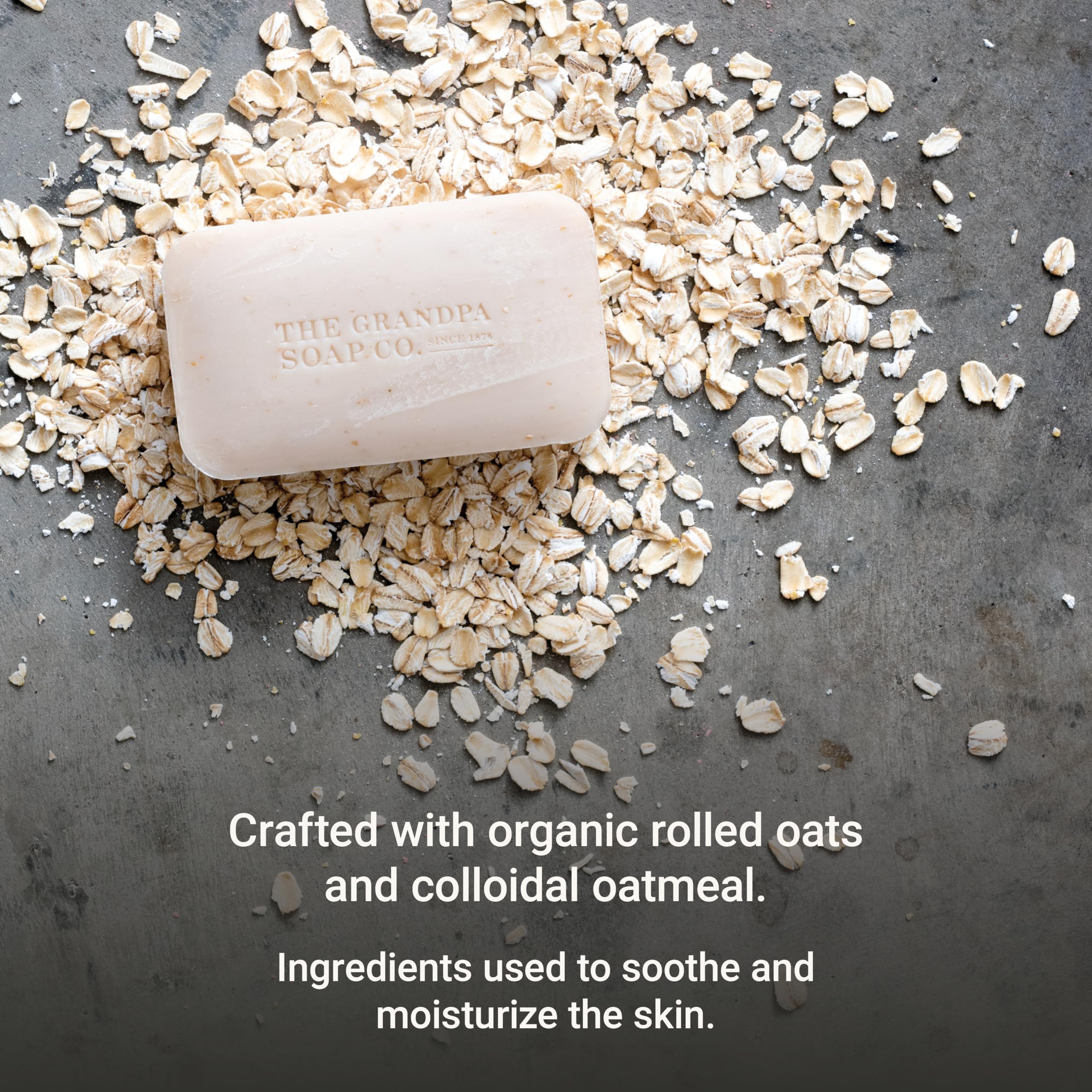 The Grandpa Soap Company Oatmeal Bar Soap natural ingredients label closeup emphasizing vegan, cruelty-free formula.