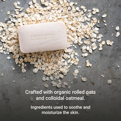 The Grandpa Soap Company Oatmeal Bar Soap natural ingredients label closeup emphasizing vegan, cruelty-free formula.