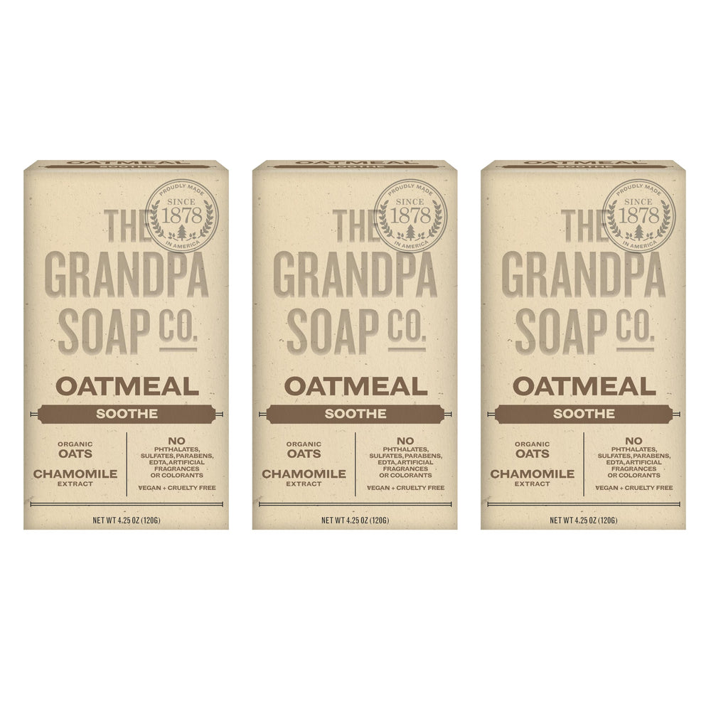 The Grandpa Soap Company Oatmeal Bar Soap lather closeup for gentle cleansing with organic oats.