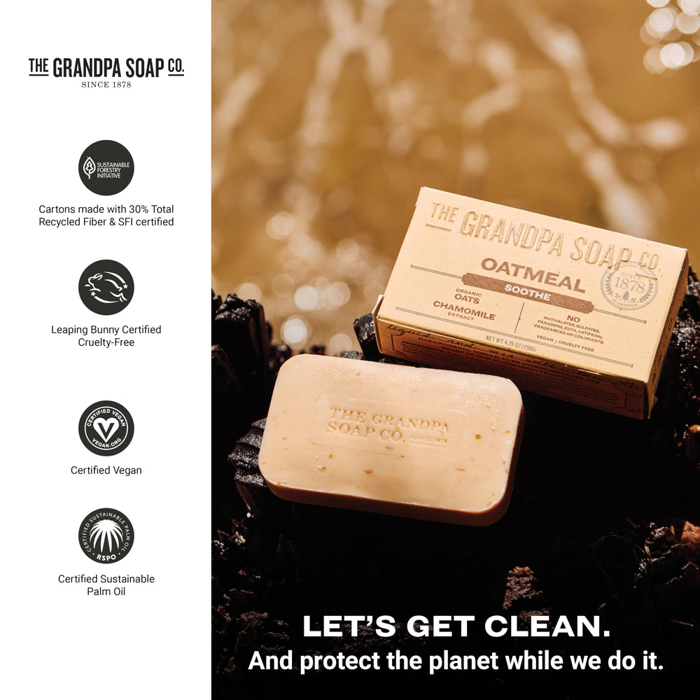 The Grandpa Soap Company Oatmeal Bar Soap rich lather on wet skin demonstrating exfoliating action.