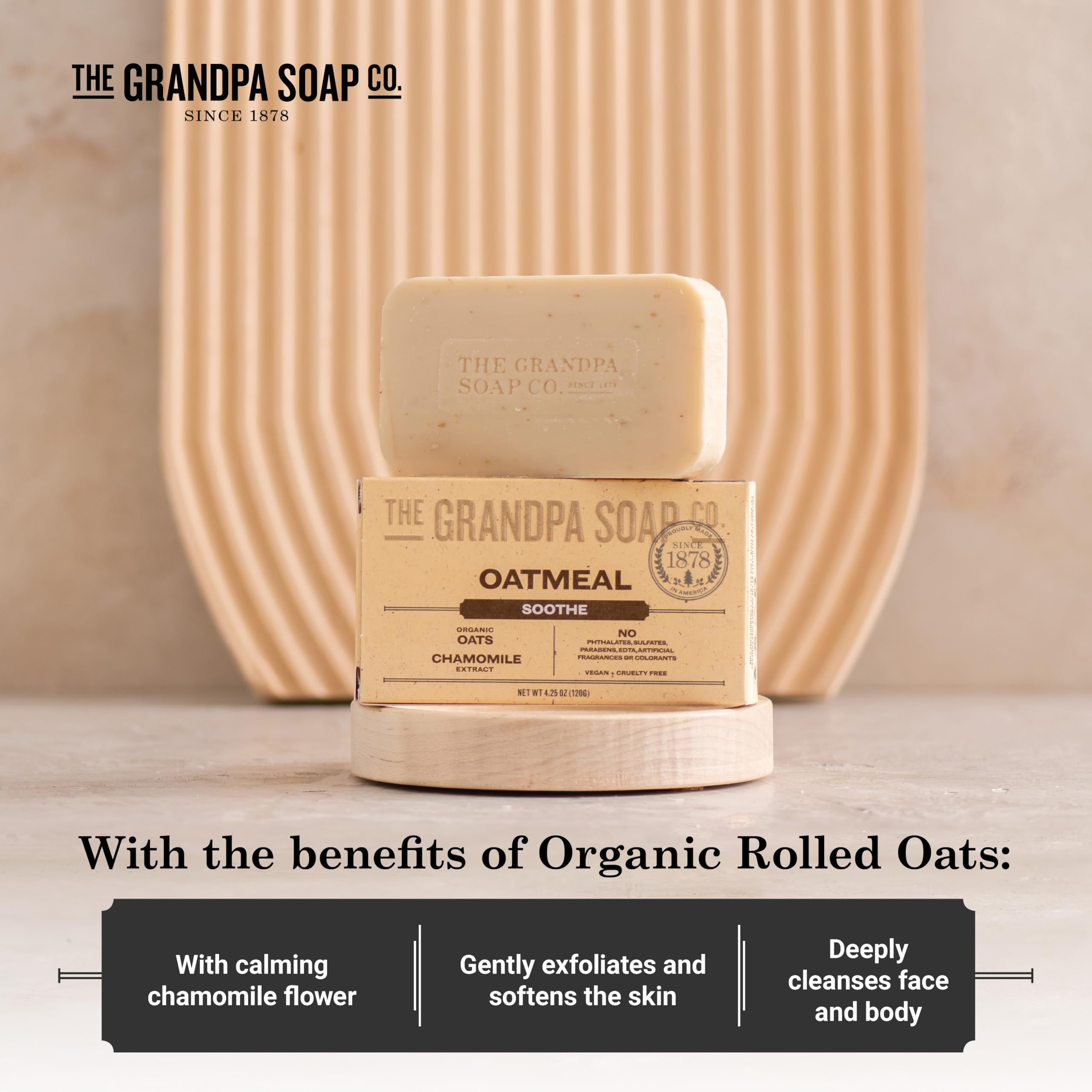 The Grandpa Soap Company Oatmeal Bar Soap triple-pack shown packaging highlight value and daily hygiene.