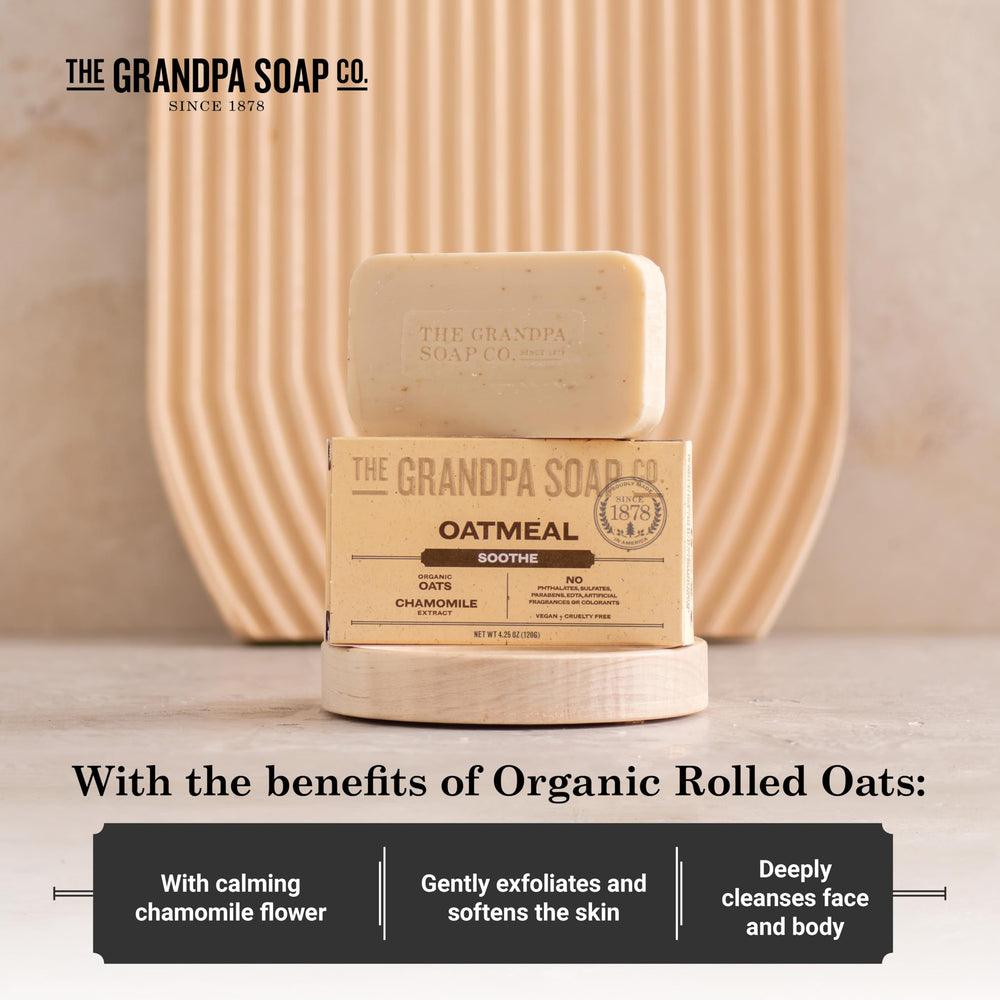 The Grandpa Soap Company Oatmeal Bar Soap triple-pack shown packaging highlight value and daily hygiene.