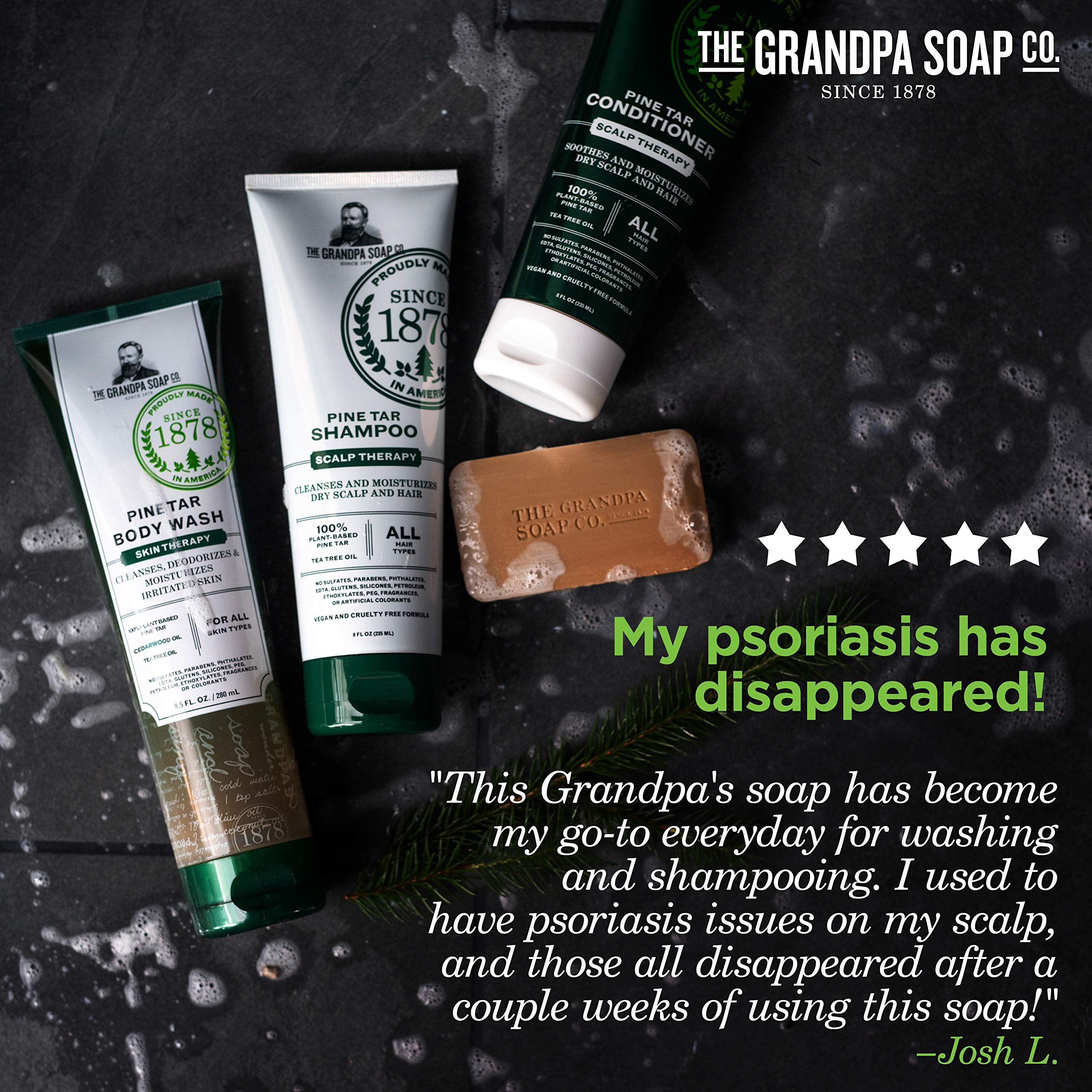 Three-pack Pine Tar Bar Soap display emphasizes convenience for home and travel.