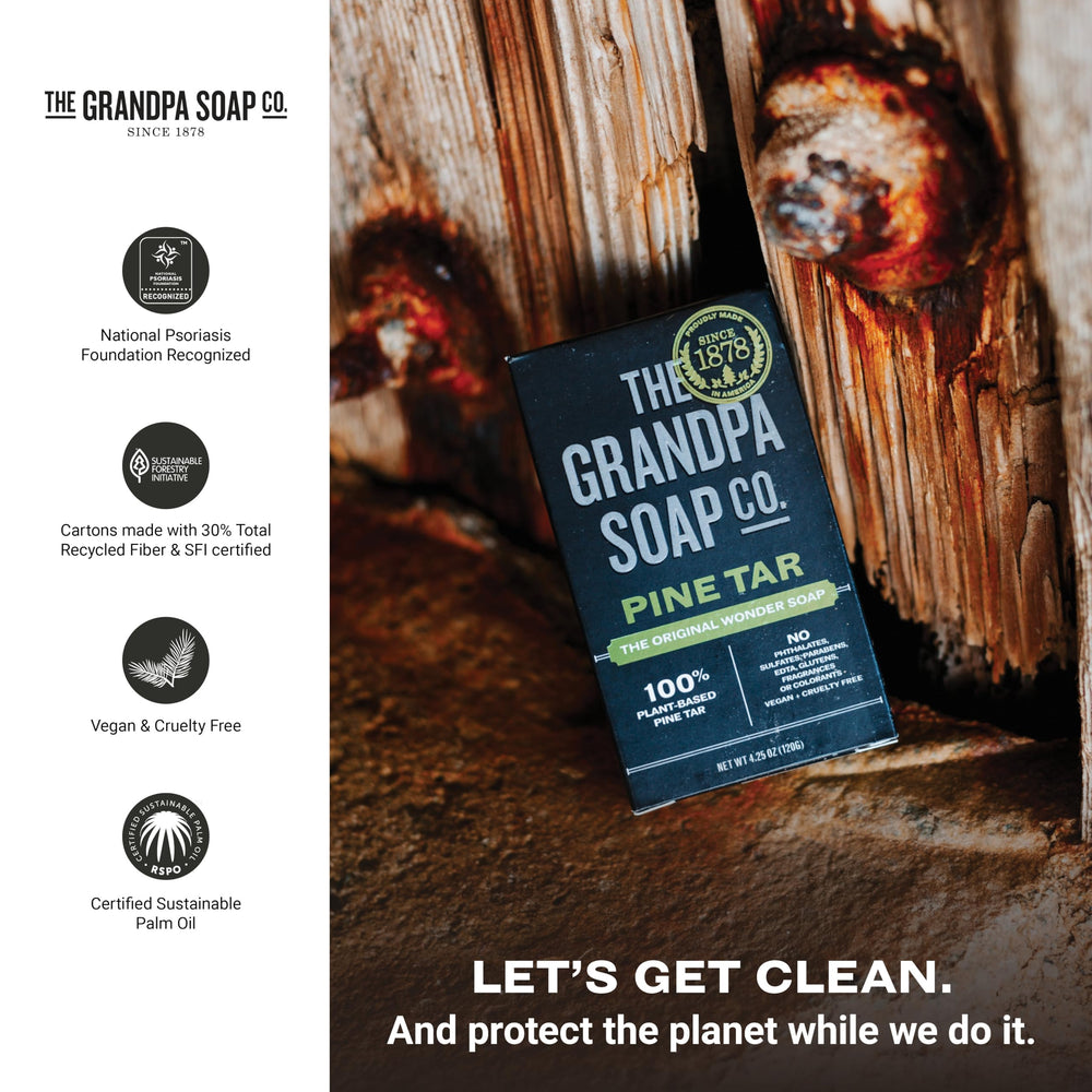 The Grandpa Soap Company Pine Tar Bar Soap made-in-usa frame reinforces family-owned quality.