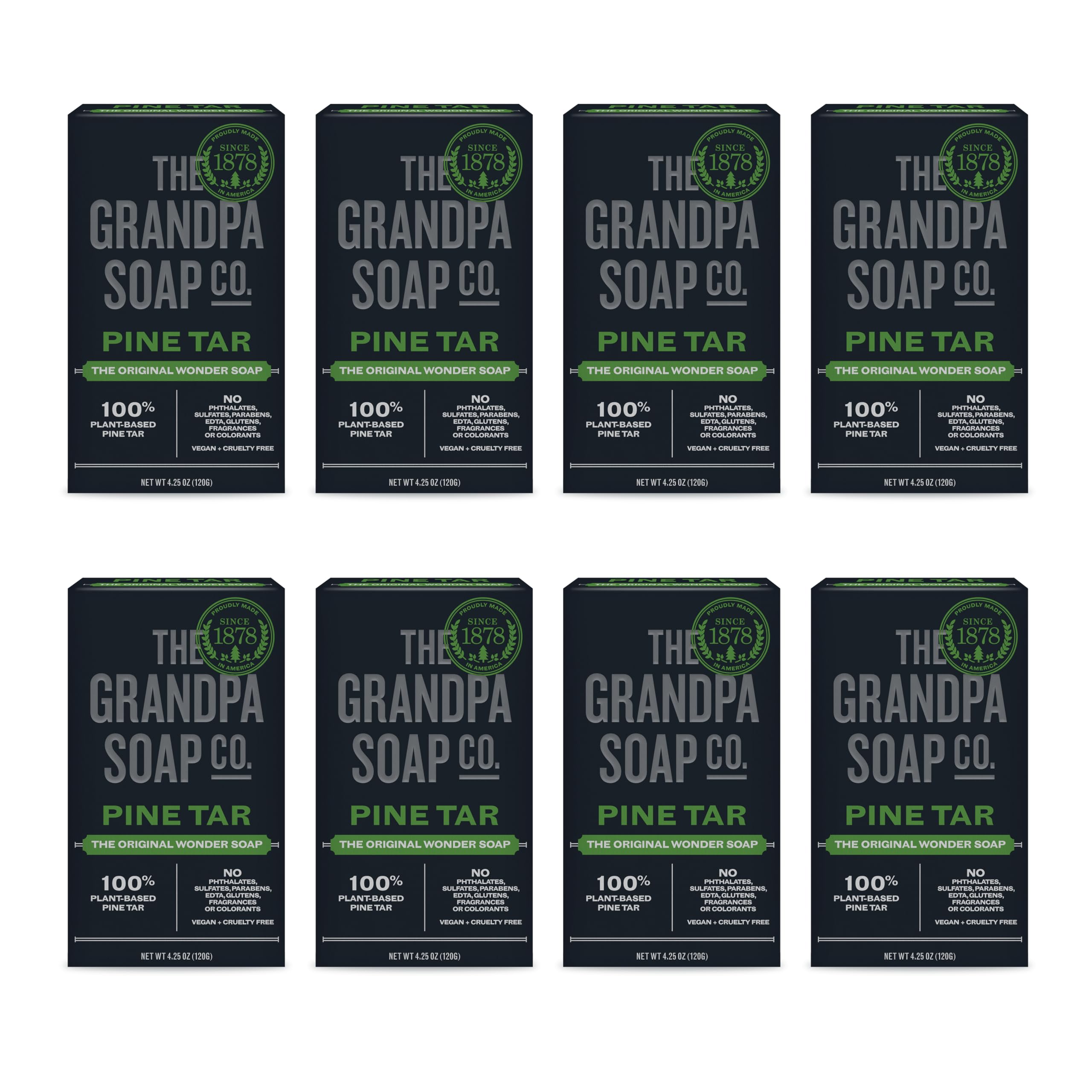 The Grandpa Soap Company Pine Tar Bar Soap pack-8 for all-in-one cleansing (face, body, hair).