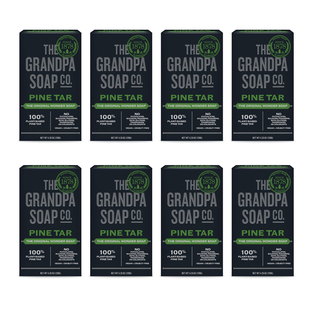 The Grandpa Soap Company Pine Tar Bar Soap pack-8 for all-in-one cleansing (face, body, hair).