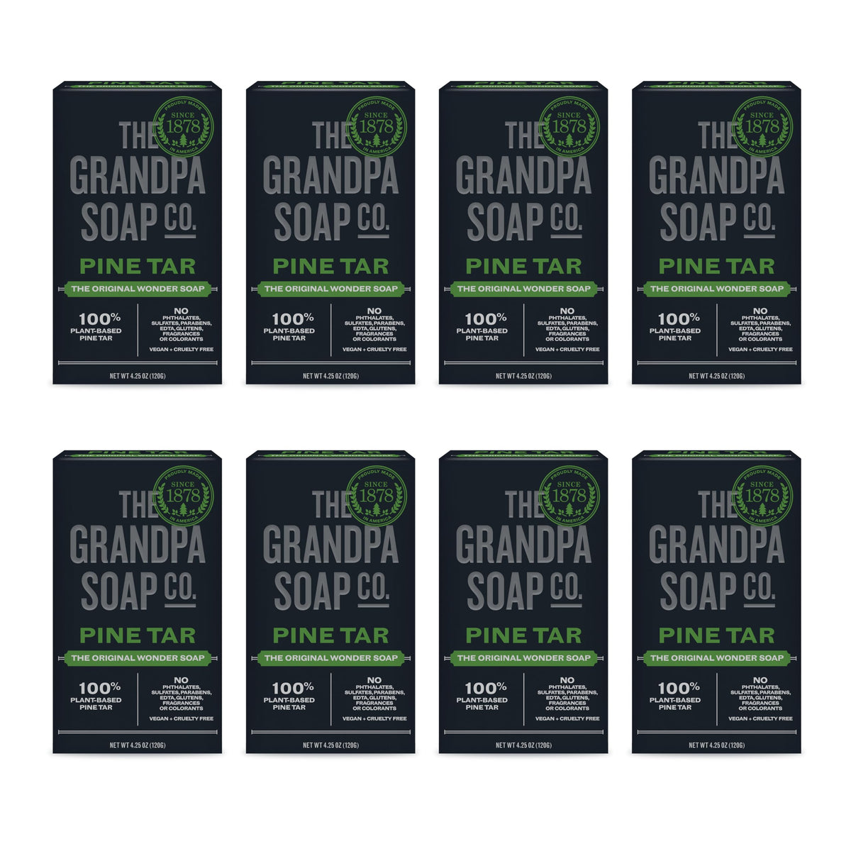 The Grandpa Soap Company Pine Tar Bar Soap pack-8 for all-in-one cleansing (face, body, hair).
