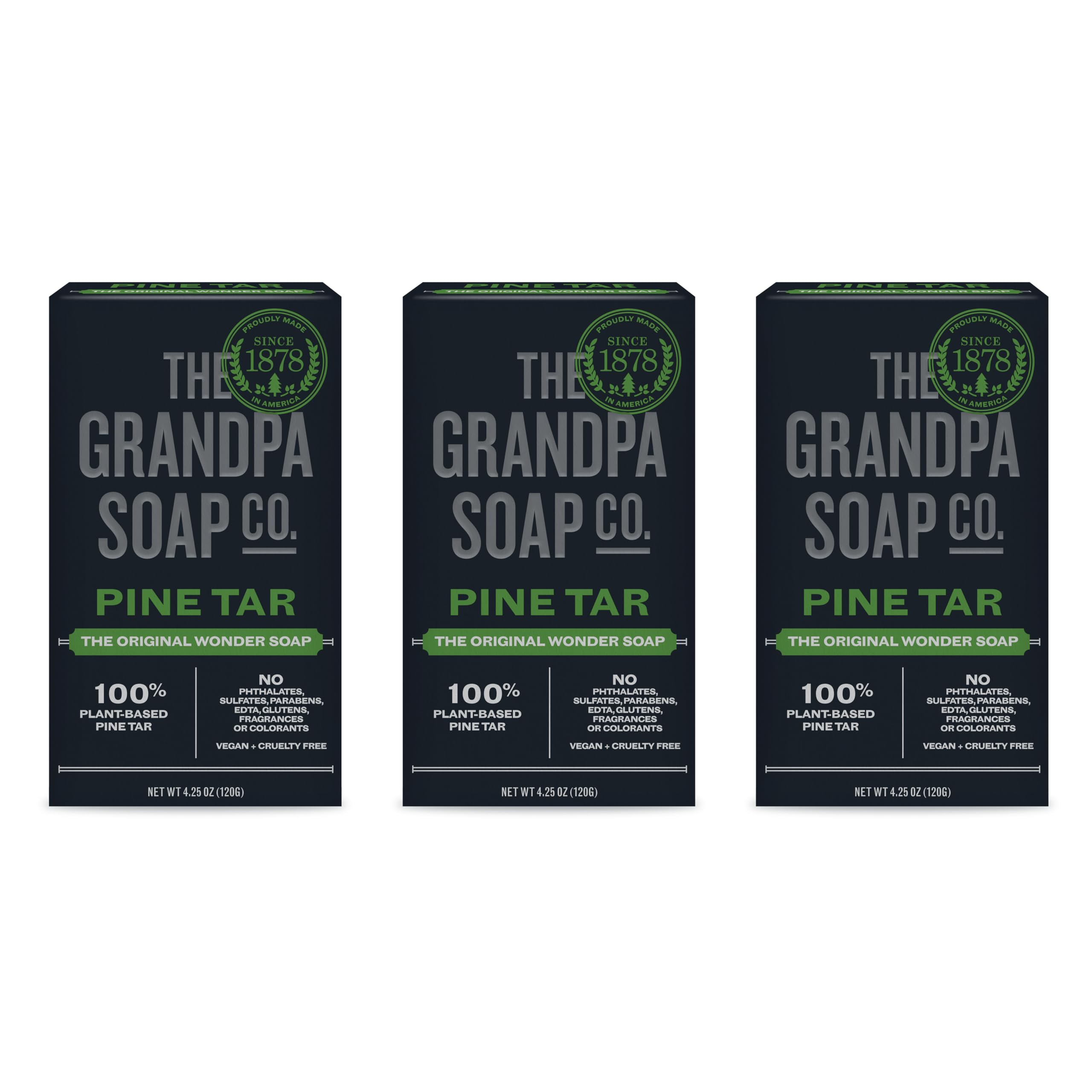 The Grandpa Soap Company Pine Tar Bar Soap packaging shows natural cleansing for daily use.