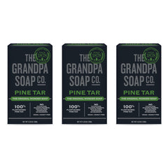 The Grandpa Soap Company Pine Tar Bar Soap packaging shows natural cleansing for daily use.