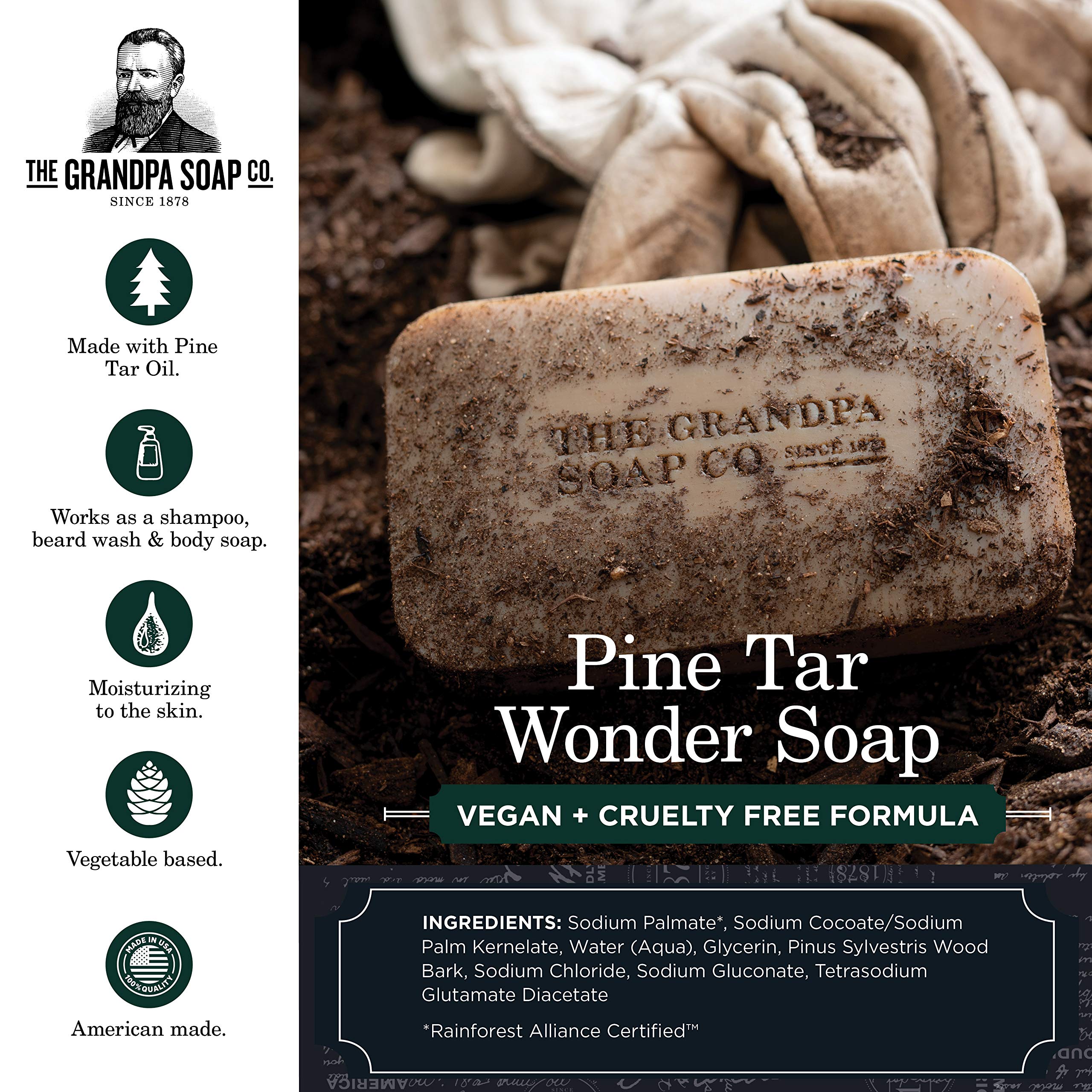 Pine Tar Bar Soap in hand demonstrates rich lather for cleansing.