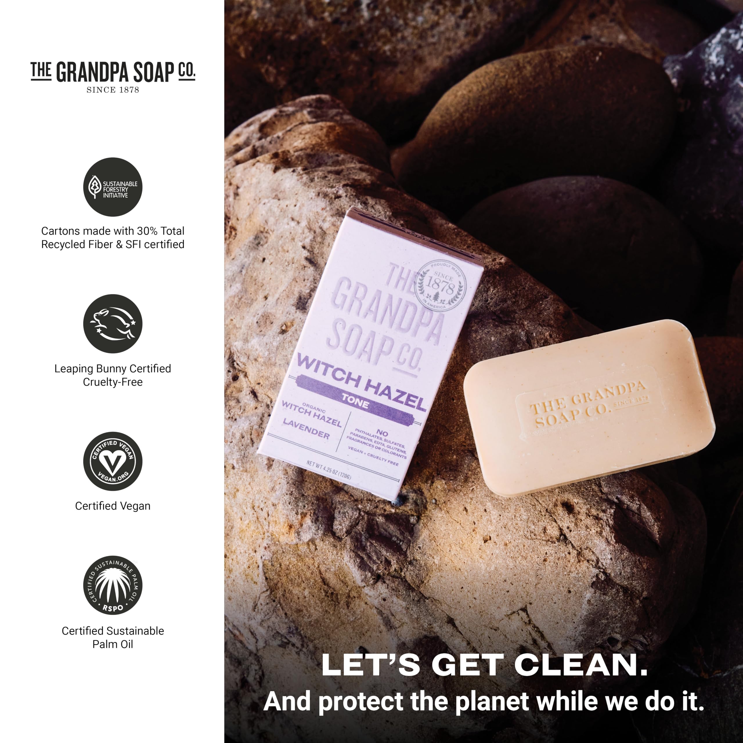 Certified sustainable palm oil and organic witch hazel on The Grandpa Soap Company soap
