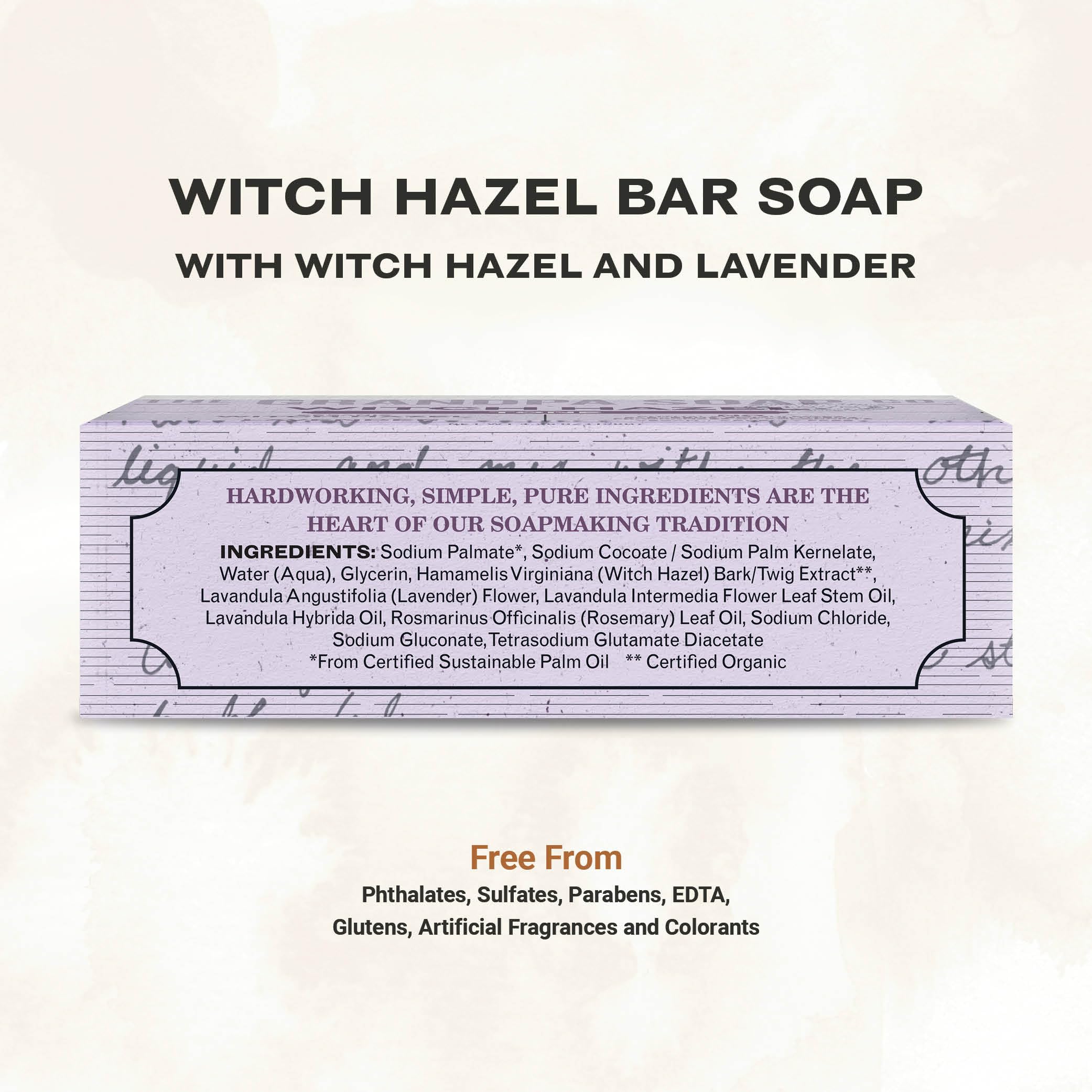 Closeup of The Grandpa Soap Company Witch Hazel Bar Soap with witch hazel and lavender