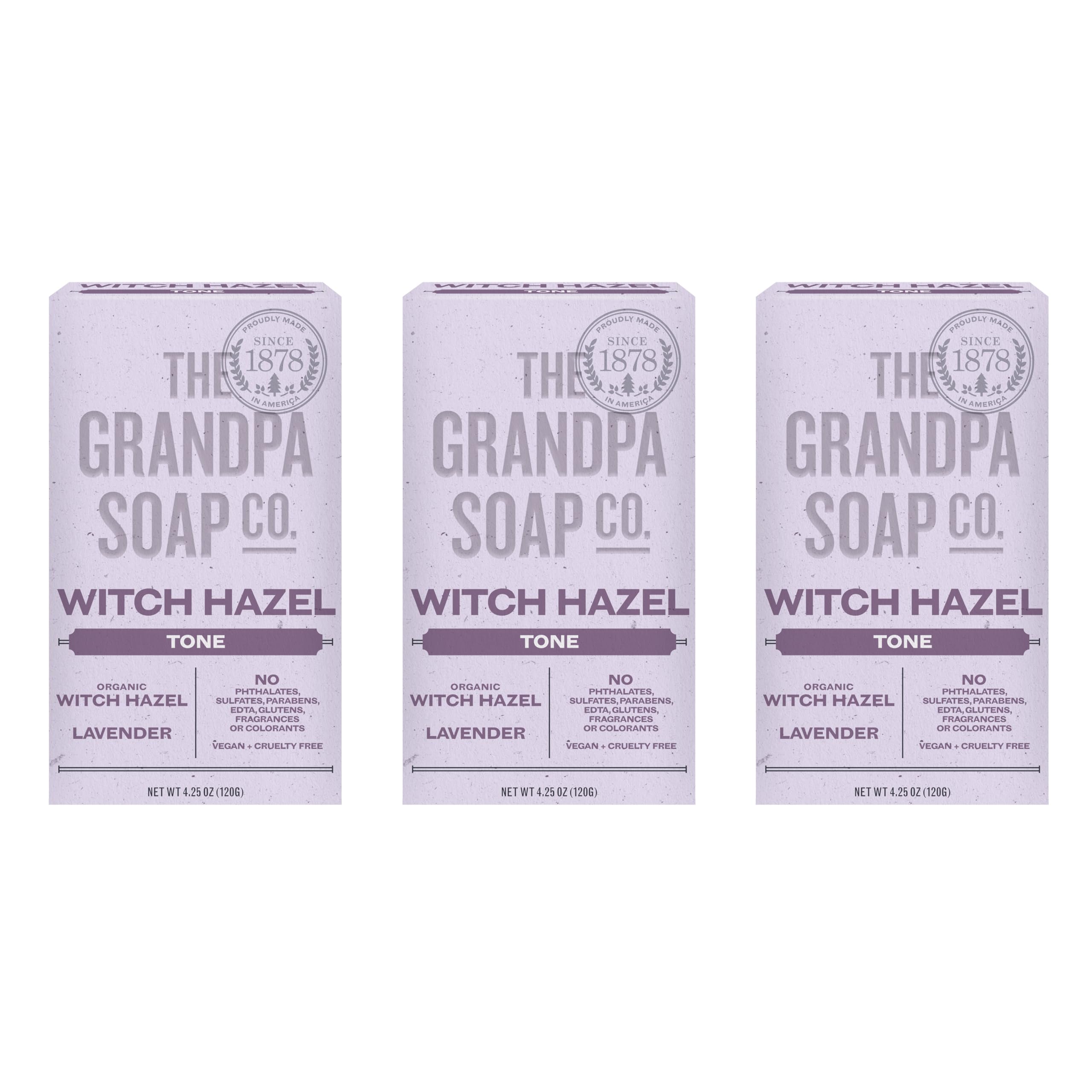 The Grandpa Soap Company Witch Hazel Bar Soap packaging highlights sustainability and cruelty free credentials