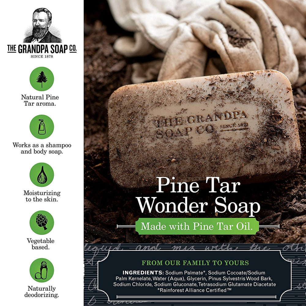 Closeup of Grandpa's Pine Tar Soap texture highlighting rugged exfoliation.