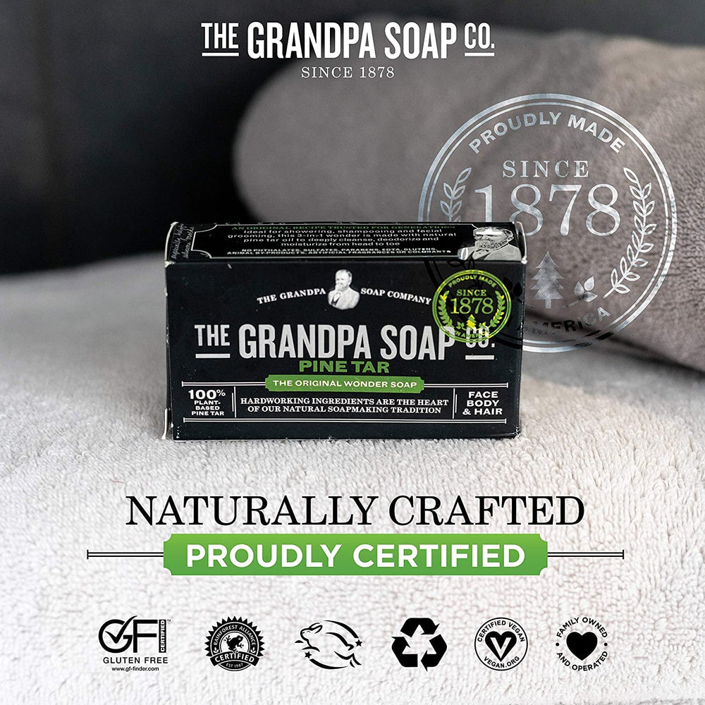 Lather from Grandpa's Pine Tar Soap creates rich bubbles during showering.