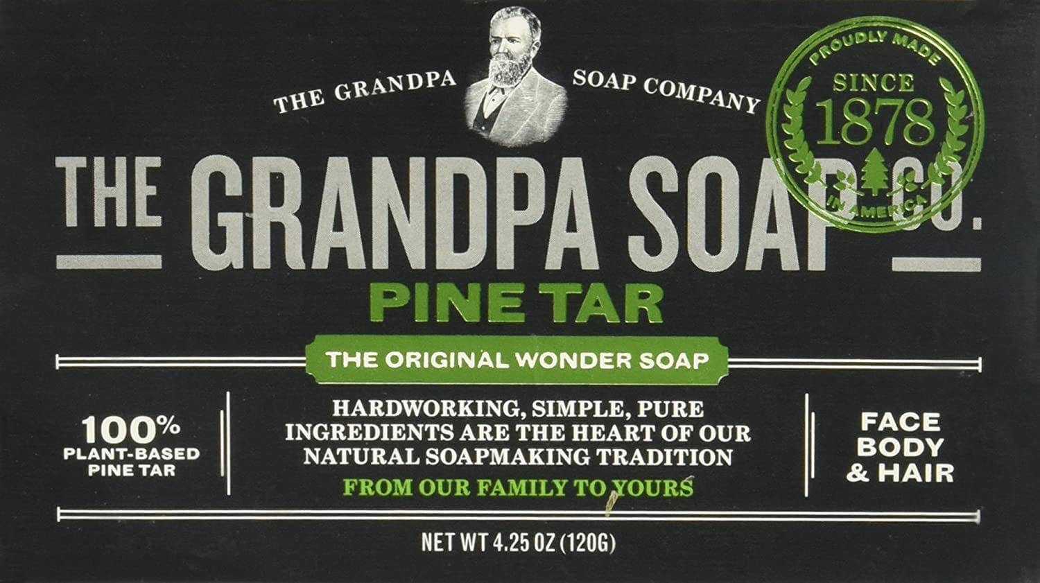 Ingredient panel notes fragrance-free formula for Grandpa's Pine Tar Soap.