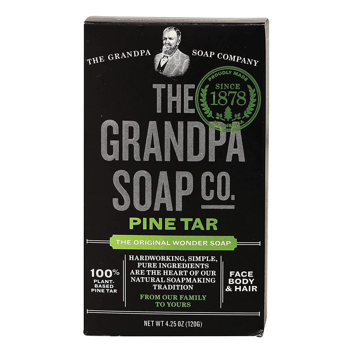 Grandpa's Pine Tar Soap pack of four bars on shelf for versatile cleansing.