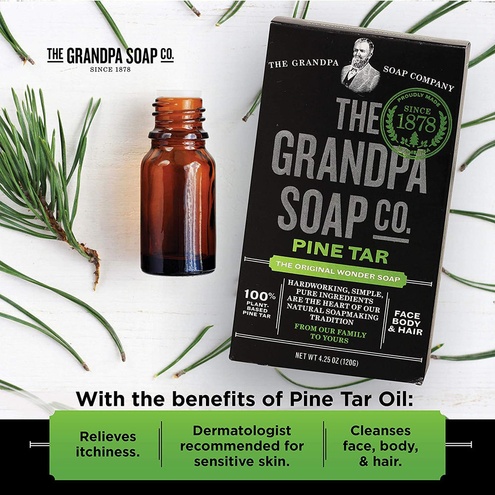 Brand label on Grandpa's Pine Tar Soap emphasizing natural formula.