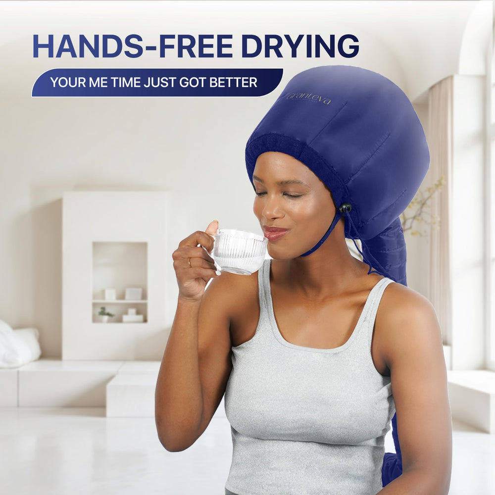 Granteva hair dryer bonnet easy-use drawstring secures comfortably around the head.