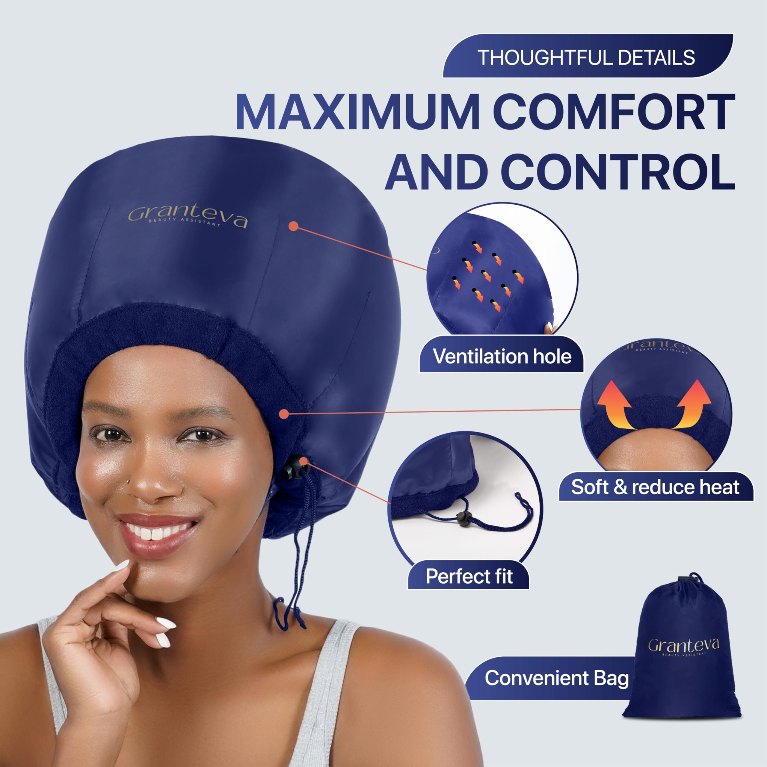Granteva hair dryer bonnet-headband integrated helps keep ears cool during styling.