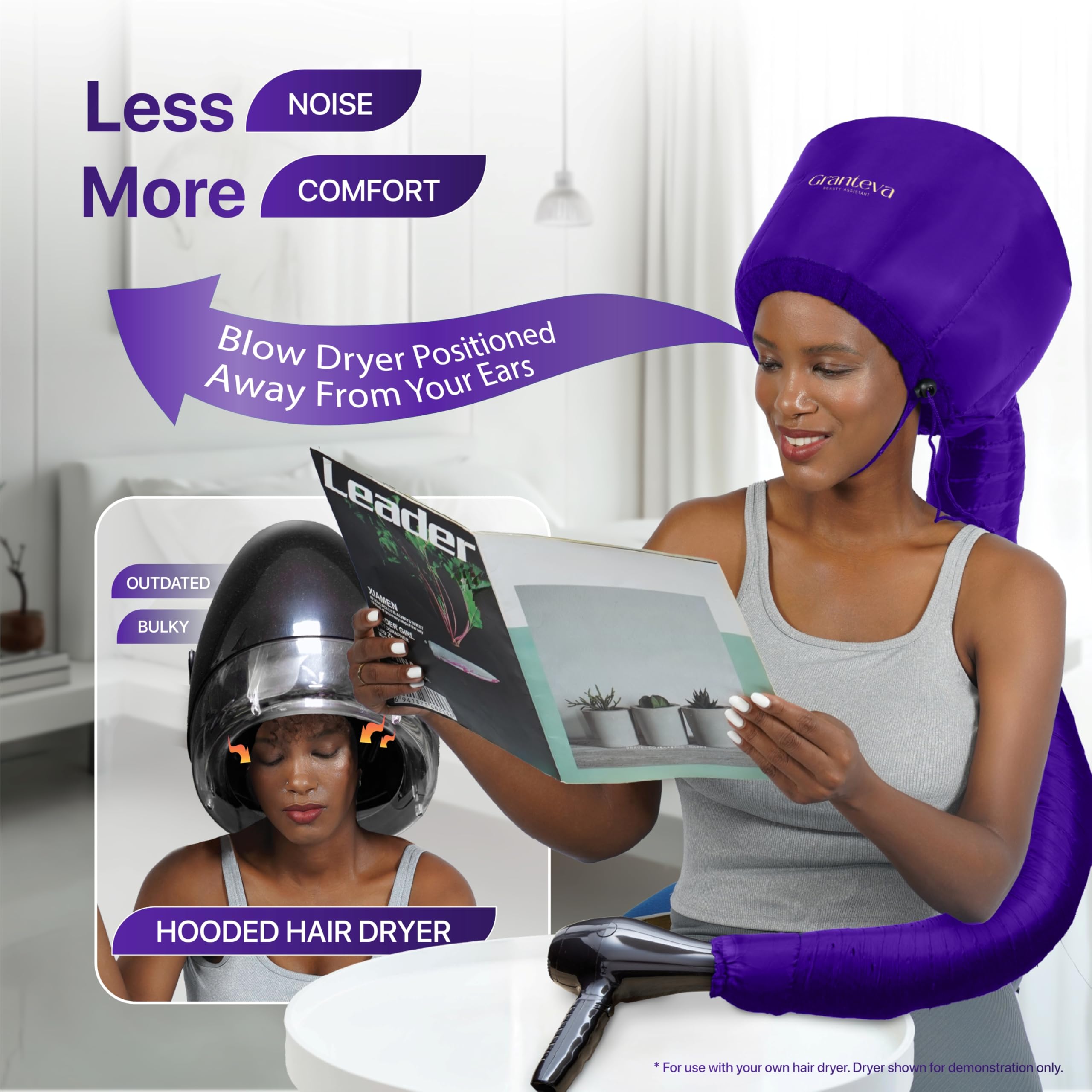 Granteva heat reduction around ears and neck feature highlighted on purple bonnet.