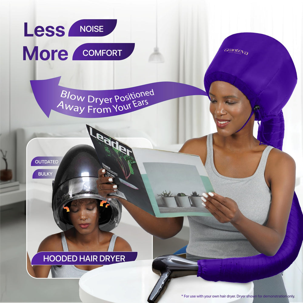 Granteva heat reduction around ears and neck feature highlighted on purple bonnet.