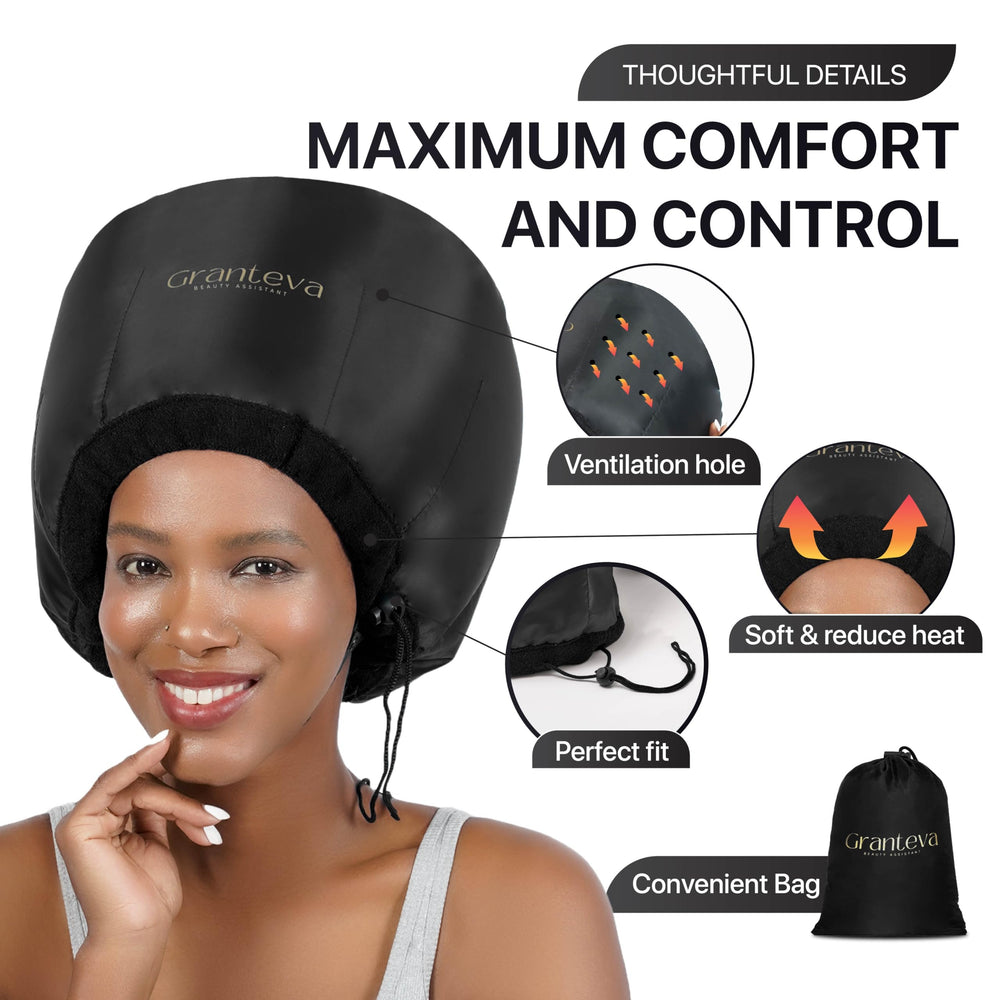 Granteva hooded hair-dryer attachment diffuser cap evenly distributes heat for conditioning.