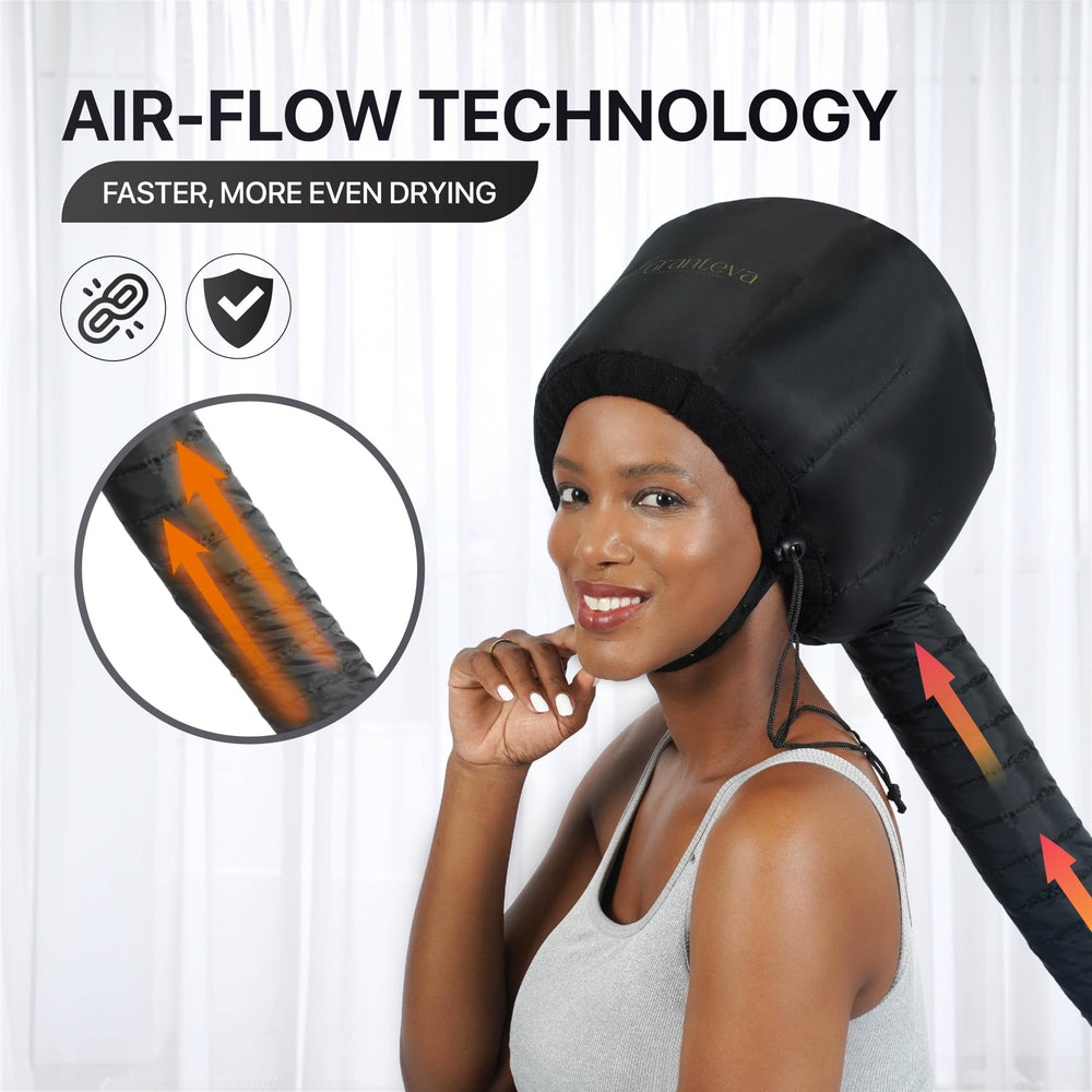 Granteva hooded hair-dryer attachment reduces heat around ears and neck during use.