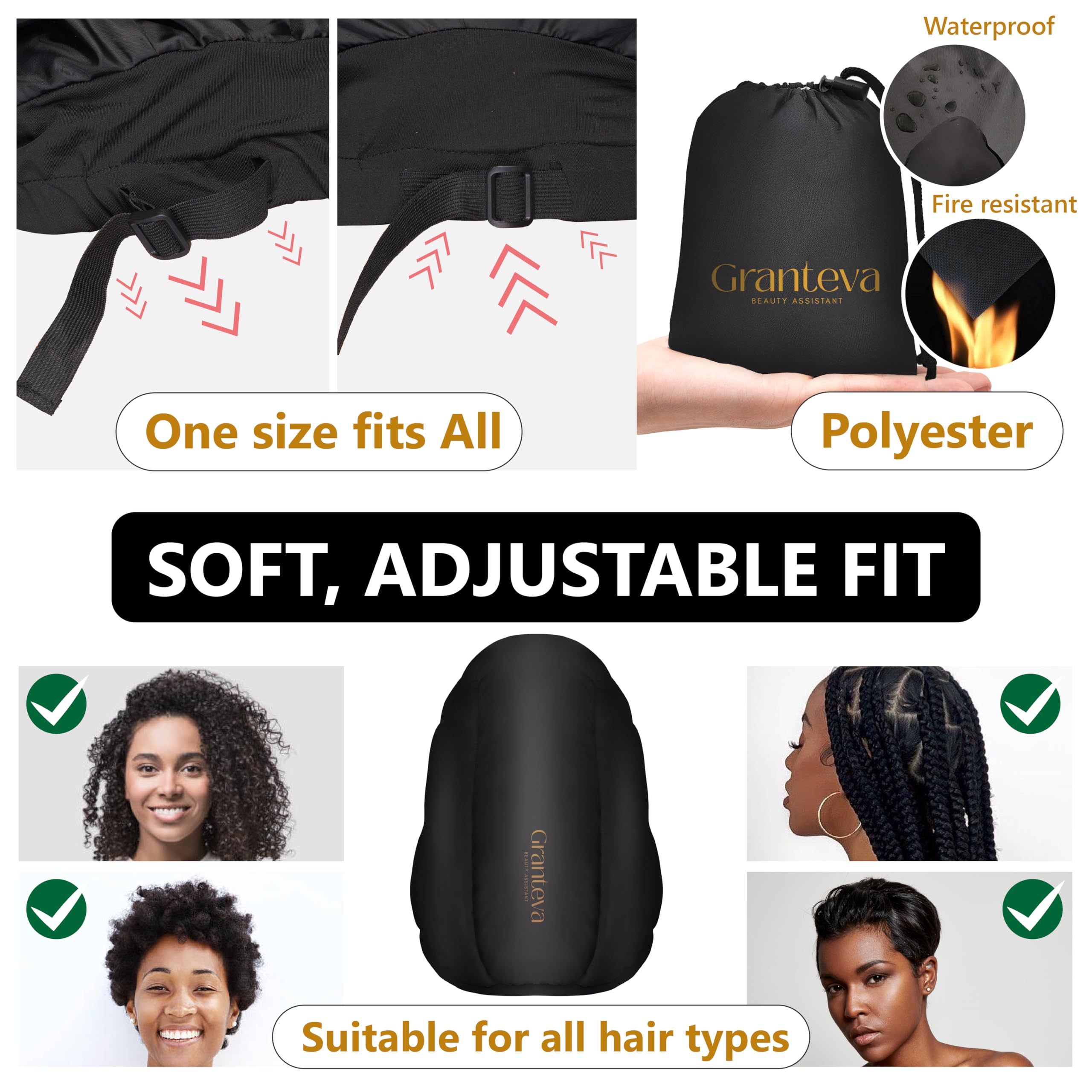 Granteva satin dryer hat with chin strap provides comfortable, smooth styling sessions.